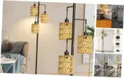 3-Lights Rattan Floor Lamps with ON/Off Foot Switch Tree Standing Lamp Black