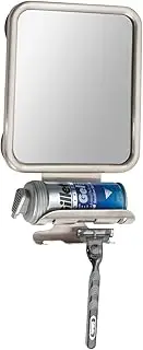 mDesign Large Modern Metal Suction Shaving Mirror Center for Bathroom Showers and Tubs - Holders for Shaving Cream and Razors - Satin