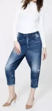 PRPS Goods Nova Drop Crotch Crop Boyfriend Jeans Distressed Vintage Blue 25 X 21