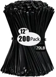 200 Pack Zip Wire Ties 12 Inch Cable Zip Ties Black Tie Wraps with 70 Pounds ...