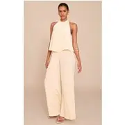 Cream Crinkle Satin Halterneck Overlay Jumpsuit, Cream