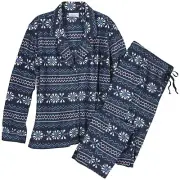 Never Monday Kids Sz. M Navy/Blue/Red/White Snow Flake Button Up/ Pants PJ Set