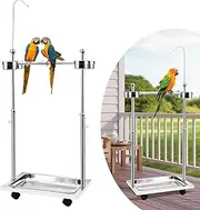 Tandefio Parrot Stand Bird Play Stand 21.65 x 15.35 x 27.95 Inches Large Metal Stainless Steel Bird Playstand Adjustable Height Perch with Universal Wheels and Feeding Bowls