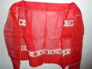NOS VINTAGE RED & WHITE NYLON FABRIC HALF APRON WITH 2 POCKETS FLORAL TRIM