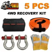 4WD Winch Recovery Kit Straps Nylon Snatch Strap Bow Shackles Glove Bag 5 PCS