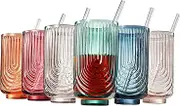 Khen Colored Vintage Art Deco Highball Glasses - Martini, Cocktail & Champagne Ribbed Glasses 15oz | Set of 6 | Cute Pastel Muted Crystal Tumblers Glassware, Goblet Cocktails, Stemmed RIbbed Gift
