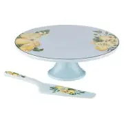 Ashdene Citrus Blooms Footed Cake Stand & Server Blue/Lemon New Bone China Set
