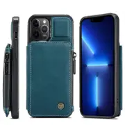 For Apple iPhone 13 Pro Max CaseMe Back Zipper Wallet Case W/ 3 Card Slots, RFID Blocking, 1 Money Pocket, Credit Card Holder Leather Cover (Teal Blue)