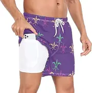 [GuoChe] Mens Swim Trunks Mens Double Layer Running Shorts Colorful Mardi Gras Royal Fleur De Lis Purple with Phone Pocket