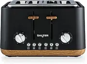 Salter EK5823BLK Toronto 4-Slice Toaster - Wide Slots, 6 Browning Levels, Removable Crumb Tray, Defrost, Reheat, Cancel, Self-Centring Function, High-Lift Eject, 1630 W, Wood Effect, Matt Black