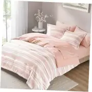 Pink and White Comforter Set with Sheets, Bed in a Bag for Queen Light Pink