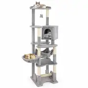 Costway 176cm Deluxe Cat Tree Tower Indoor Pet Furniture Cando House w/Sisal Scratching Post Grey