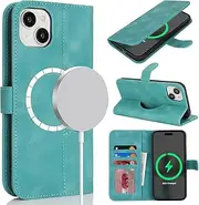 for iPhone 14 13 Case Magsafe Charge Wallet Magnetic Leather Cover Bag with Card Holders SunYoo Case Women Pour Femmes Portefeuille 騁ui Coque Porte Feuille for iPhone14 iPhone13 Soft-Green