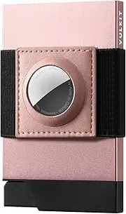 [VULKIT] Minimalist Wallet with AirTag Holder, Slim Metal Pop Up Card Holder with Money Band and RFID Blocking, Holds 12 Cards and Cash for Men and Women,Rose