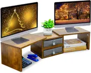Dual Monitor Stand Riser 2 Drawers Length Angle Adjustable Storage Desk Organizer
