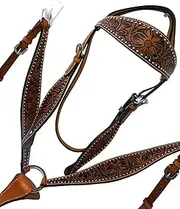 Western Horse Headstall Bridle Breast Collar Tack Set Leather Floral Tooled Handmade Full Cob Pony Breastplate ME-HBC-023A (Cob)