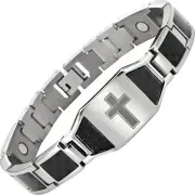 Men'S Titanium Magnetic Christian Cross Bracelet with Black Carbon Fiber Insets