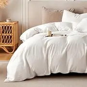 [BFS HOME] Linen Duvet Cover Full Size - Soft Breathable Cotton Linen Blend, 3-Pieces Bedding Set with 2 Pillowcases, Stonewashed Texture, Off-White, All-Season Comfort