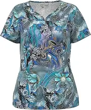 [PANDAMED SCRUBS] Digital Print Stretch Scrubs Top - Pandamed Curved Notch Neck 3-Pocket Women Stretch Top PPS102