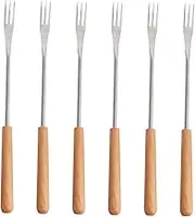 Amosfun 6Pcs Stainless Steel Fondue Fork with Wood Handle Heat Insulating Barbecue Forks for Hot Pot Dessert and Fruit for Outdoor Picnics and Camping