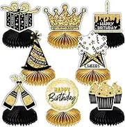 8pcs Birthday Party Decorations Black Gold Birthday Theme Honeycomb Centerpieces Table Decorations,Honeycomb Table Topper Back Centerpieces for Table Decorations for Him and Her Birthday Party (all)