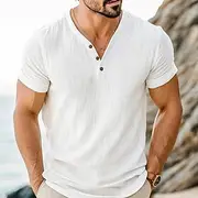 Men's Henley Shirt Tee Top Linen T-Shirt Short Sleeve Plain Solid Fashion Designer Basic Plain V Neck Henley Vacation Street Casual Summer Black White Light Bl