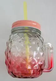 Happy Summer Mason Glass Jar w/Handle Pineapple Shaped, w/Lids & Straw, Set of 4