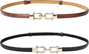 [JASGOOD] 2 Pack Women Skinny Leather Belts Thin Waist Belt for Dresses Fashion Adjustable Black with Interlocking Buckle