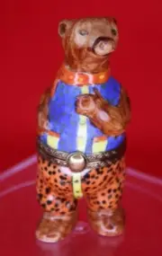 Limoges Trinket Box Peint Main France - Brown Bear in Designer Tracksuit
