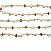 Multi Tourmaline & Freshwater Pearl Rosary Beads, 3mm, Gold/Silver - Gemstone