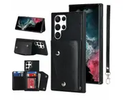 Case for Samsung Galaxy S23 Ultra, Leather Wallet Case With Card Pockets Back Flip Shockproof Cover Case-Black