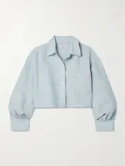 [Suzie Kondi] Suzie Kondi - Leuka Cropped Linen Shirt - Sky blue - small small Blue