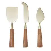 Amalfi Acacia Wood & Stainless Steel Cheese Knife 3pcs Set Gold & Walnut 15x6x2cm