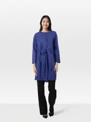 Blue Wool Belted Snap Button Coat