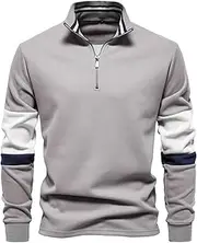 [Ausing] Men's Loose Casual Sweatshirt Long Sleeve Trend Sportswear Quarter Zip Pullover Workout Jacket Stand Collar Office Jumpers Cotton Simple Contrast Color Sweatshirts S-XXL