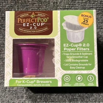 Perfect Pod EZ-Cup 2.0 Purple Refillable Coffee Capsule Keurig W/ 25 Filters