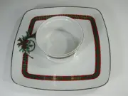 Georges Briard “The Hunt” 1pc. Chip and Dip Red Plaid Ribbon Gold Horn~Christmas