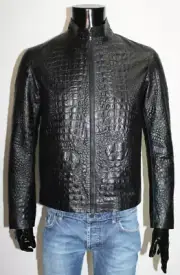 Men's Leather Jacket Black Alligator Embossed Pattern Real Luxury Leather Jacket