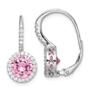 Sterling Silver Rh-Plated Polished Pink & White Cz Halo Leverback Earrings