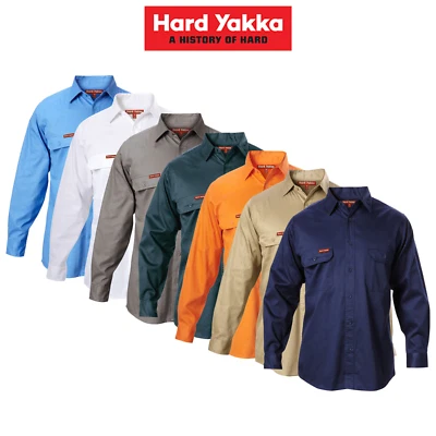 Mens Hard Yakka Foundations Long Sleeve Cotton Drill Work Office Shirt Y07500
