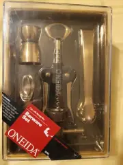 Oneida Barware 7 Piece Set Stainless Sealed Corkscrew Jigger Tongs Wine Stopper