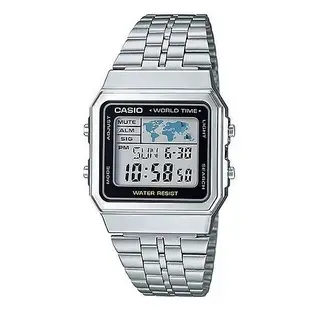 【CASIO】世界城市復古風不鏽鋼電子錶-黑框 (A-500WA-1)正版宏崑公司貨
