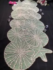 TAHARI beaded table Runner 14 x 42 Sand dollars & starfish on jute pastel greens