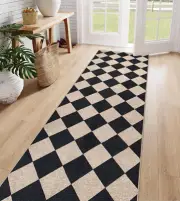 Checkered Easy Jute Runner Rug, 2X8 Hallway Kitchen Runner Rug Non Slip Washable