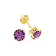 9ct Gold Amethyst 6mm Round Stud Earrings in Purple