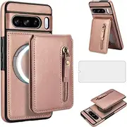 Compatible with Magsafe for Google Pixel 8 Pro 5G Wallet Case and Screen Protector PU Leather Slim Zipper Detachable Stand Credit Card Holder Slot Cell Cover Pixel8Pro Pixel8 XL Eight 8Pro Rose Gold