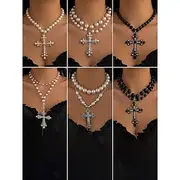 Women's Baroque Pearl and Beaded Cross Pendant Necklaces - Multiple Style Options for Elegant Gothic and Vintage Looks, Perfect for Parties and Special Occasio