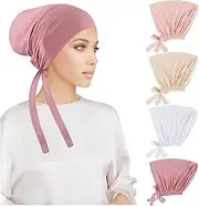 [PHOGARY] 4 Pcs Women Hijab Undercap, Islamic Muslim Under Hijab Cap Inner Under Scarf Hat Hijab Cap with Tie Back Closure Solid Color Underscarf Hijab Cap Turban Head Wraps for Women Chemo Sleep Cap(B), White, Pink, Peach, Beige, One Size