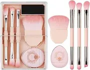 Makeup Set Brush + Powder Puff Kit, 8Pcs Makeup Blending Powder Puff & Brushes Sets for Liquid & Cream Formulations, Travel Make up Tool Sets with a Storage Box, Gift Set for Women, Pink