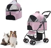 MINYII Pet Stroller Premium 3-in-1 Multifunction Jogger Stroller for Medium Small Dogs Cats Folding Lightweight for Travel with Detachable Carrier,98x65x45cm Portable Pet Stroller for Injured Pet Gift (Pink)